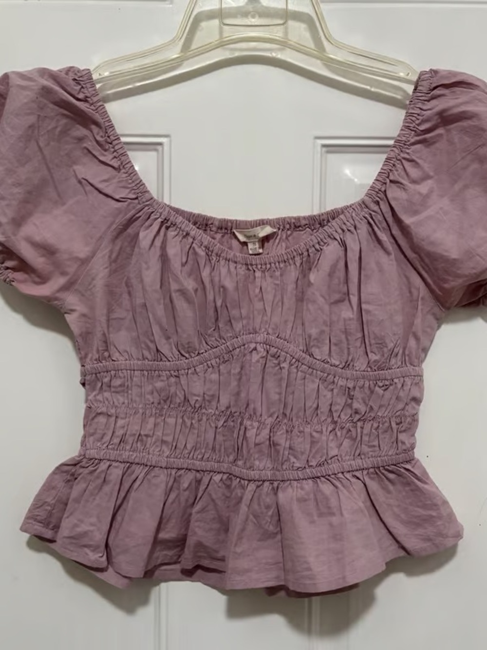 Smocked Peplum Puff-Sleeve Top in Dusty Lavender